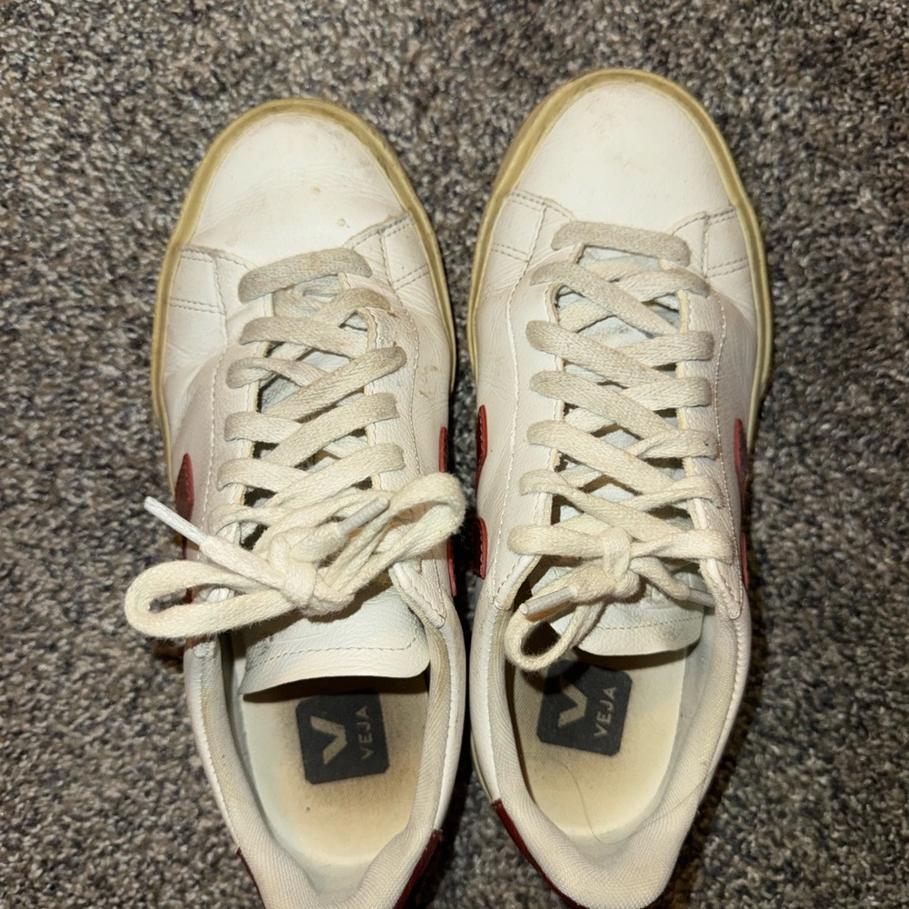 Veja Women's White Leather Sneakers with Red V Detail